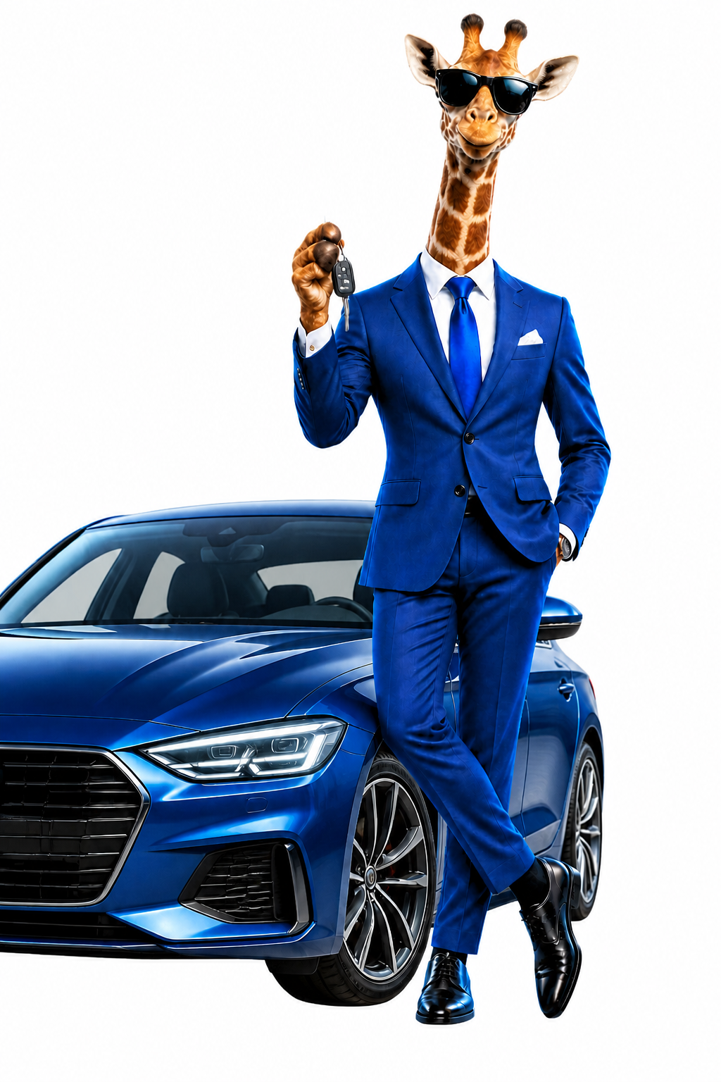 Щасливий жираф GiraffeCASH біля нового синього автомобіля